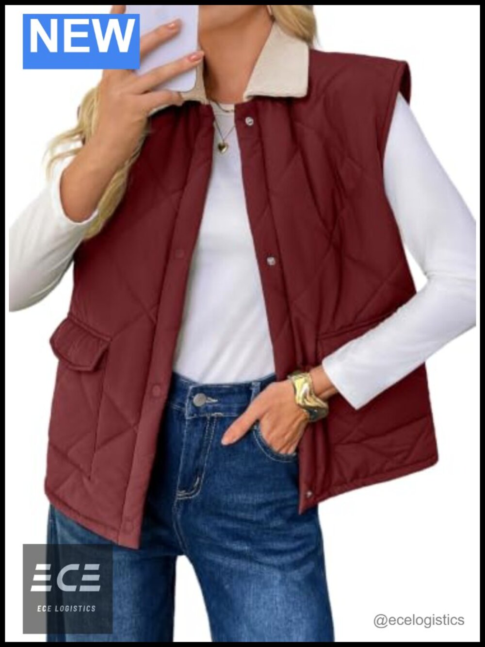 Womens Quilted Puffer Vest Button Down Sleeveless Collared Pocket Warm Layer